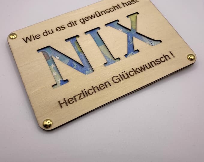 Geldgeschenk NIX-Karte mit humorvoller Holzgravur